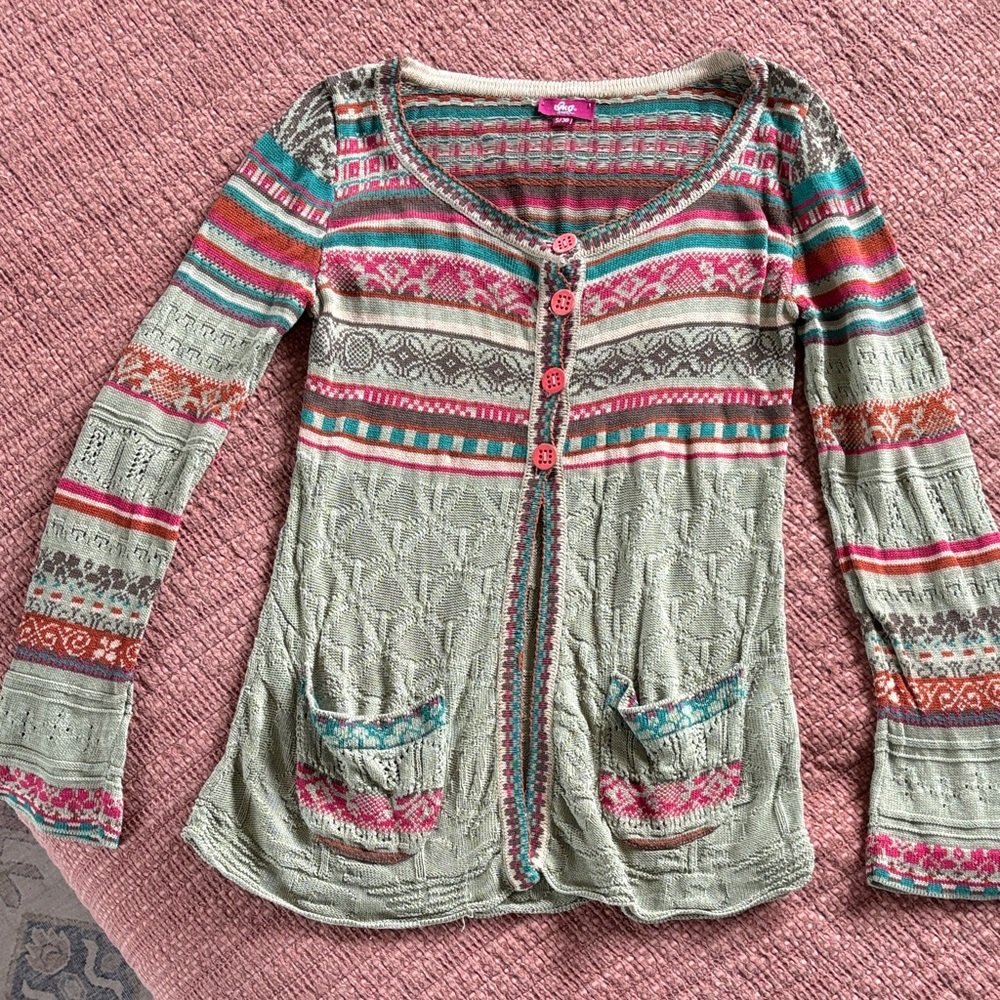 IVKO Woman Pink Green Floral Geometric Jacquard Cotton Cardigan S/36